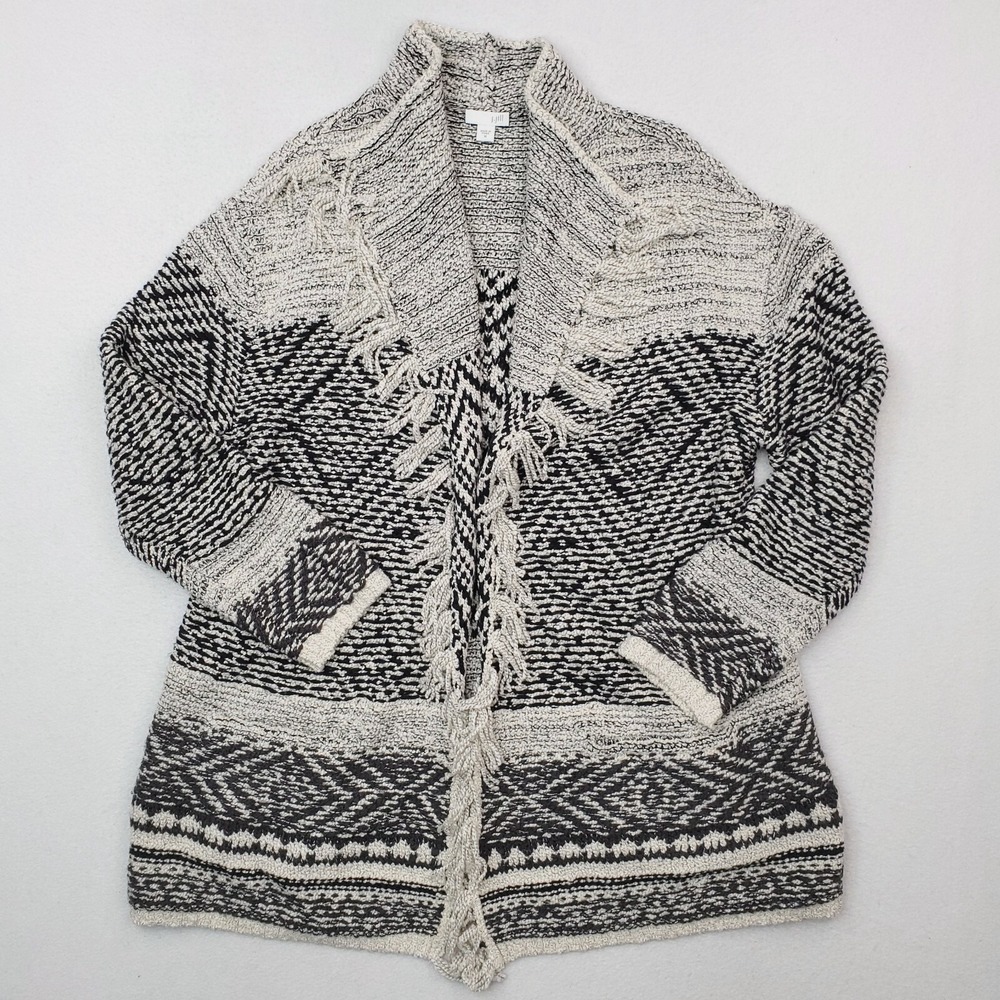 J Jill Cardigan Womens Medium Black Boucle Sweater Wool Blend Fringe Geometric